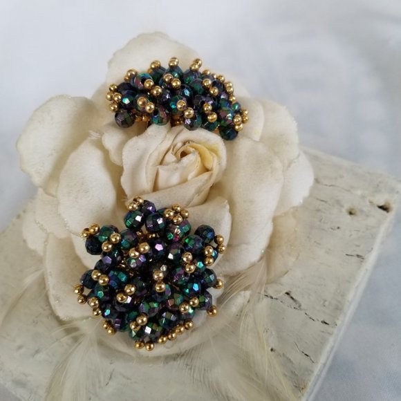 Vintage AB Crystal Rhinestone Clip On Earrings - Picture 5 of 12